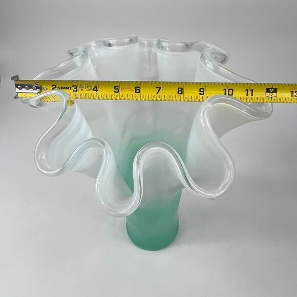 Murano Art Glass Vase Encased Green White Swirl Ruffled Rim 16" Italian Blown - Picture 16 of 16